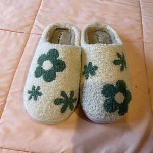 Cream Slippers with Green Floral Pattern